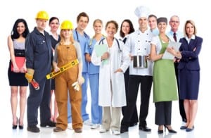 Group of industrial workers. Isolated on white background.